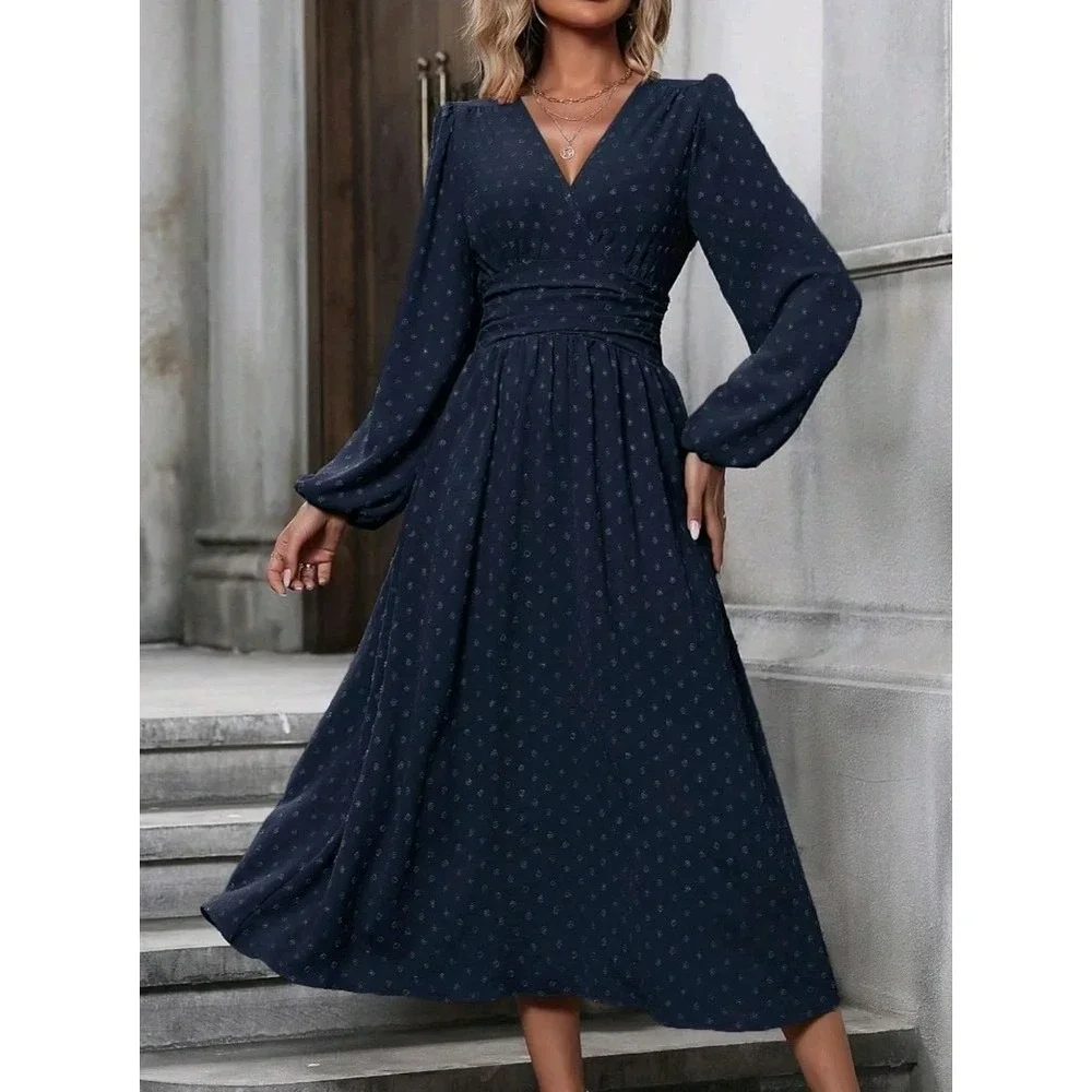 Xxl-Women's Spring Fall Midi Dress Casual Long Sleeve V Neck Swiss Dot Navy Blue - Picture 4 of 4